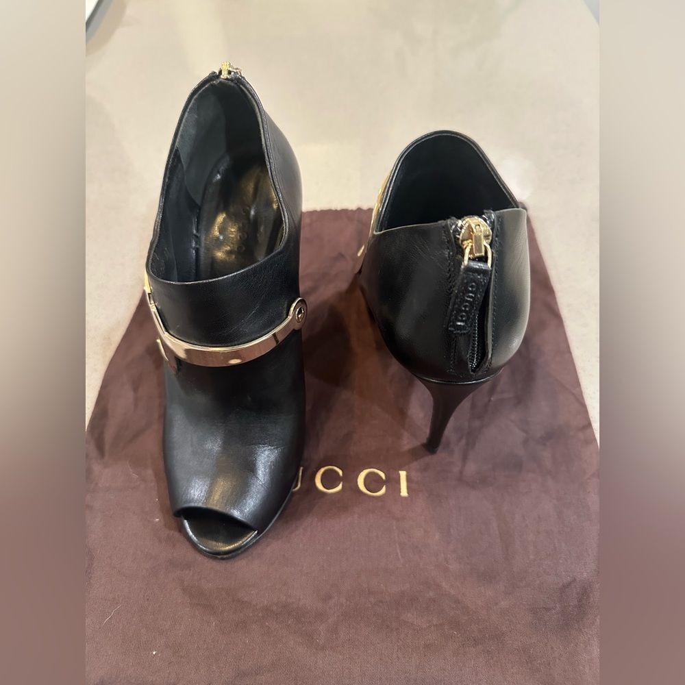 GUCCI Peeptoe Ankle Bootie with Gold Horsebit Zip Up Size 37 - Picture 6 of 13